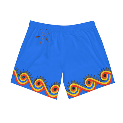 Men's Beach Shorts — Blue Surf Pattern with Paddle & Retro Wave Border