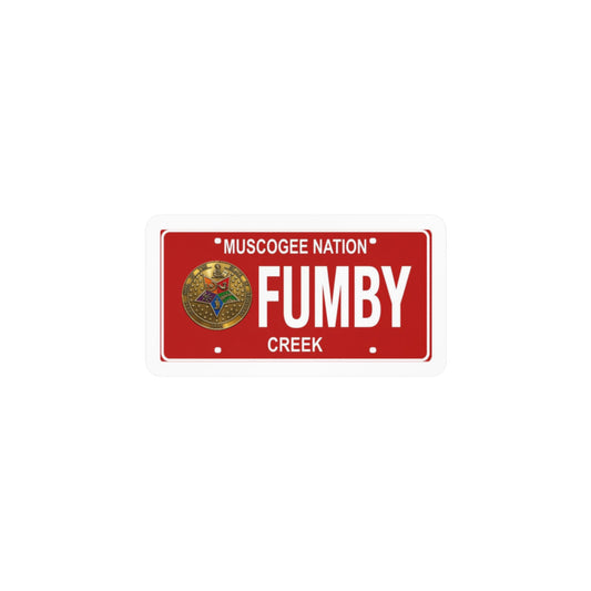“Fumby Creek” License Plate Vinyl Sticker — Red Kiss-Cut Decal