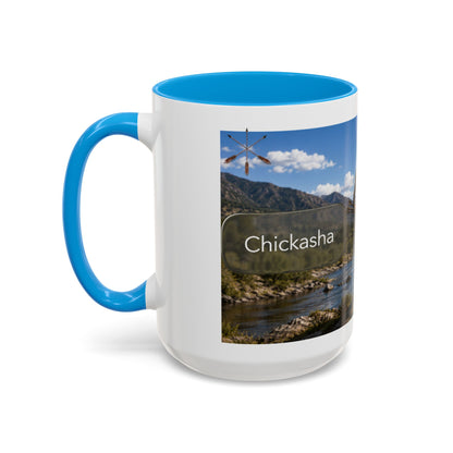 Chickasaw Warrior Statue Scenic Mug — Mythic Landscape Coffee Cup (11oz/15oz)