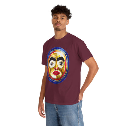 Moon Mask Art Tee — Colorful Surreal Face Graphic T-Shirt