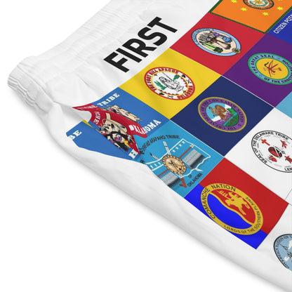 First Nations Flag Beach Shorts — Indigenous Tribal Emblems Swim Trunks