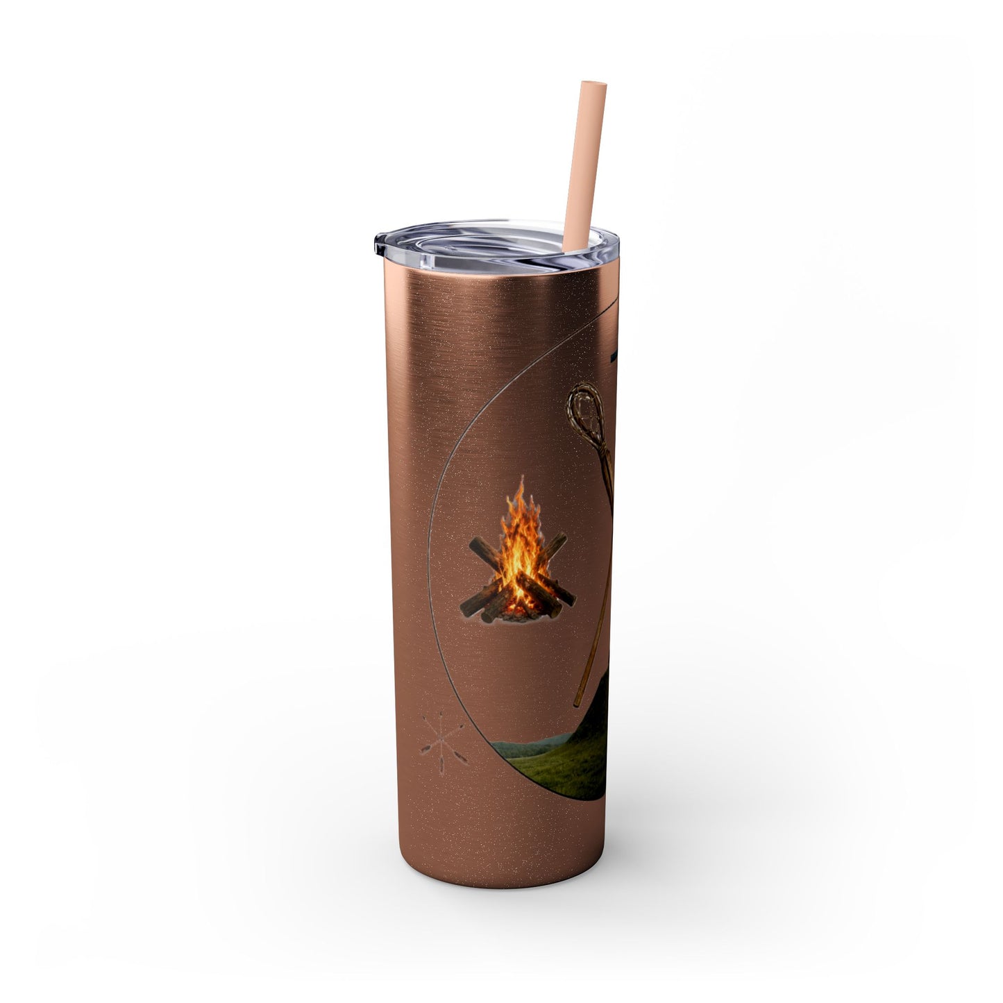Kialegee 20oz Skinny Tumbler — Faith & Outdoor Lacrosse Design with Cross, Sticks, Campfire