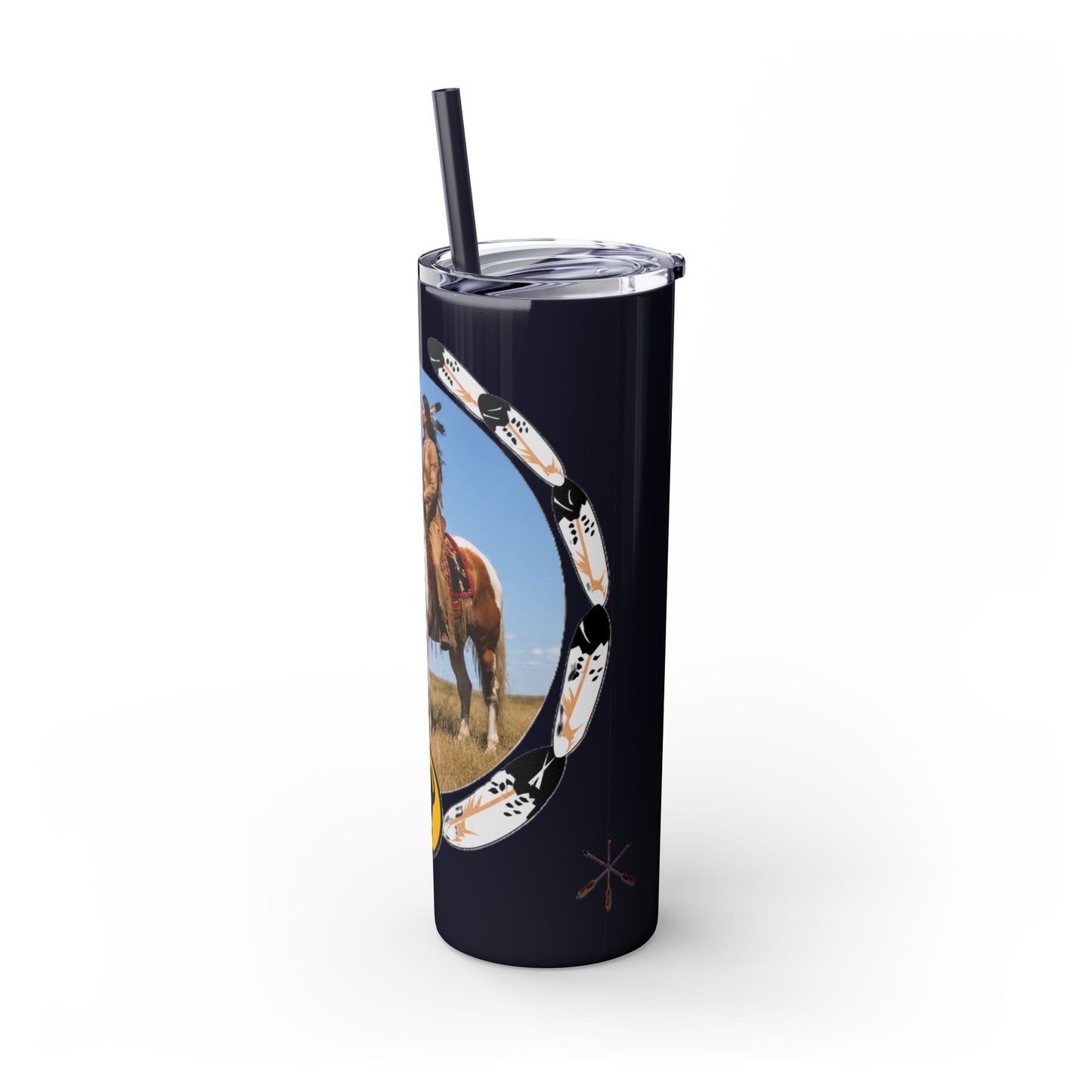 Kiowa Native Warrior on Horse 20oz Skinny Tumbler — Indigenous Heritage Travel Cup with Straw