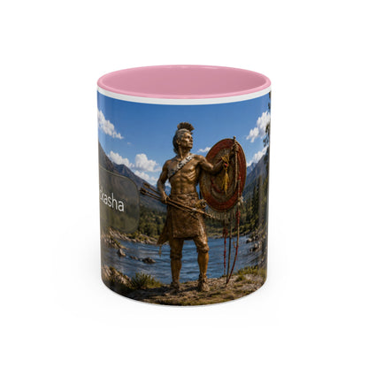 Chickasaw Warrior Statue Scenic Mug — Mythic Landscape Coffee Cup (11oz/15oz)