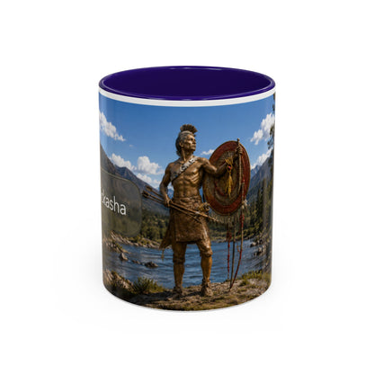 Chickasaw Warrior Statue Scenic Mug — Mythic Landscape Coffee Cup (11oz/15oz)