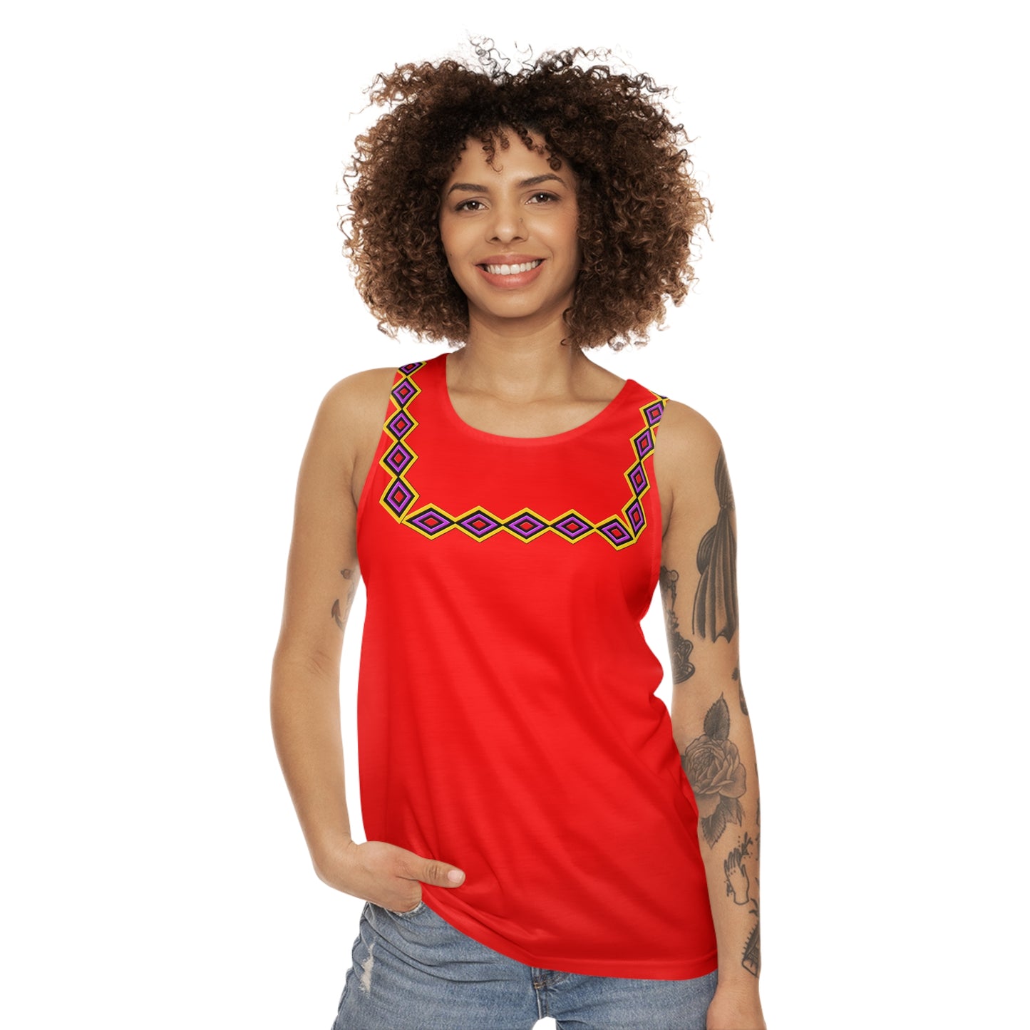 Chahta Red Tribal Diamond Border Tank Top – Geometric Ethnic Neckline Athletic Tank