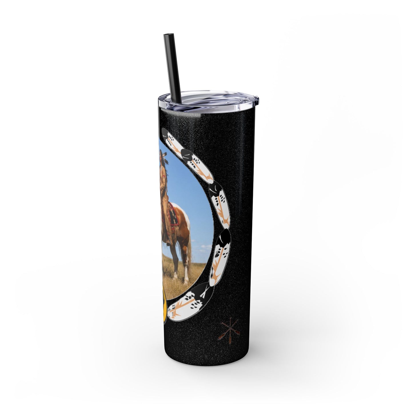 Kiowa Native Warrior on Horse 20oz Skinny Tumbler — Indigenous Heritage Travel Cup with Straw