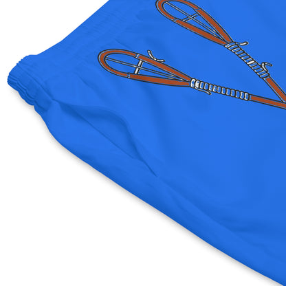 Men's Beach Shorts — Blue Surf Pattern with Paddle & Retro Wave Border