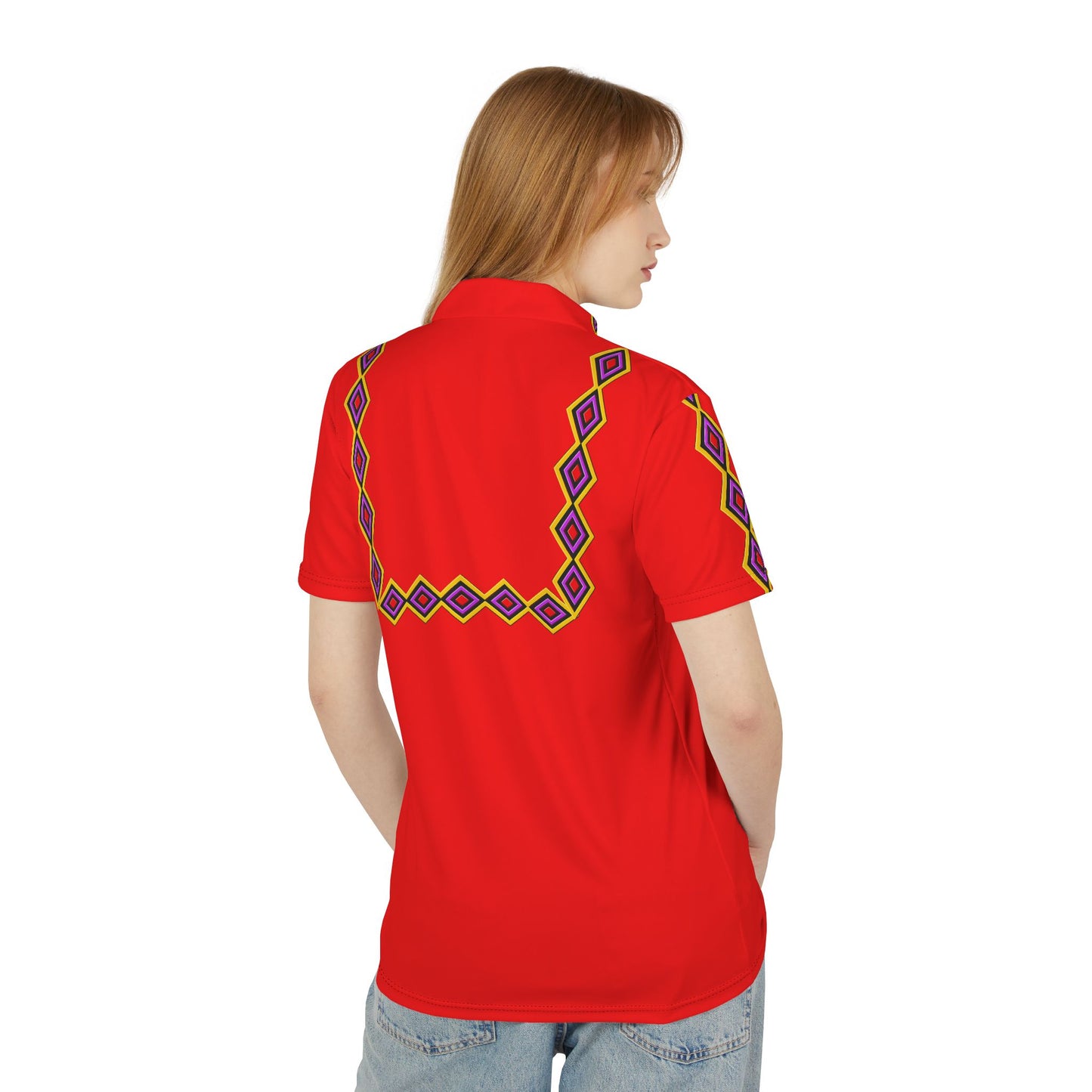 Chahta Polo Red Geometric Tribal Polo Shirt — Men's Casual Ethnic Pattern Golf Polo