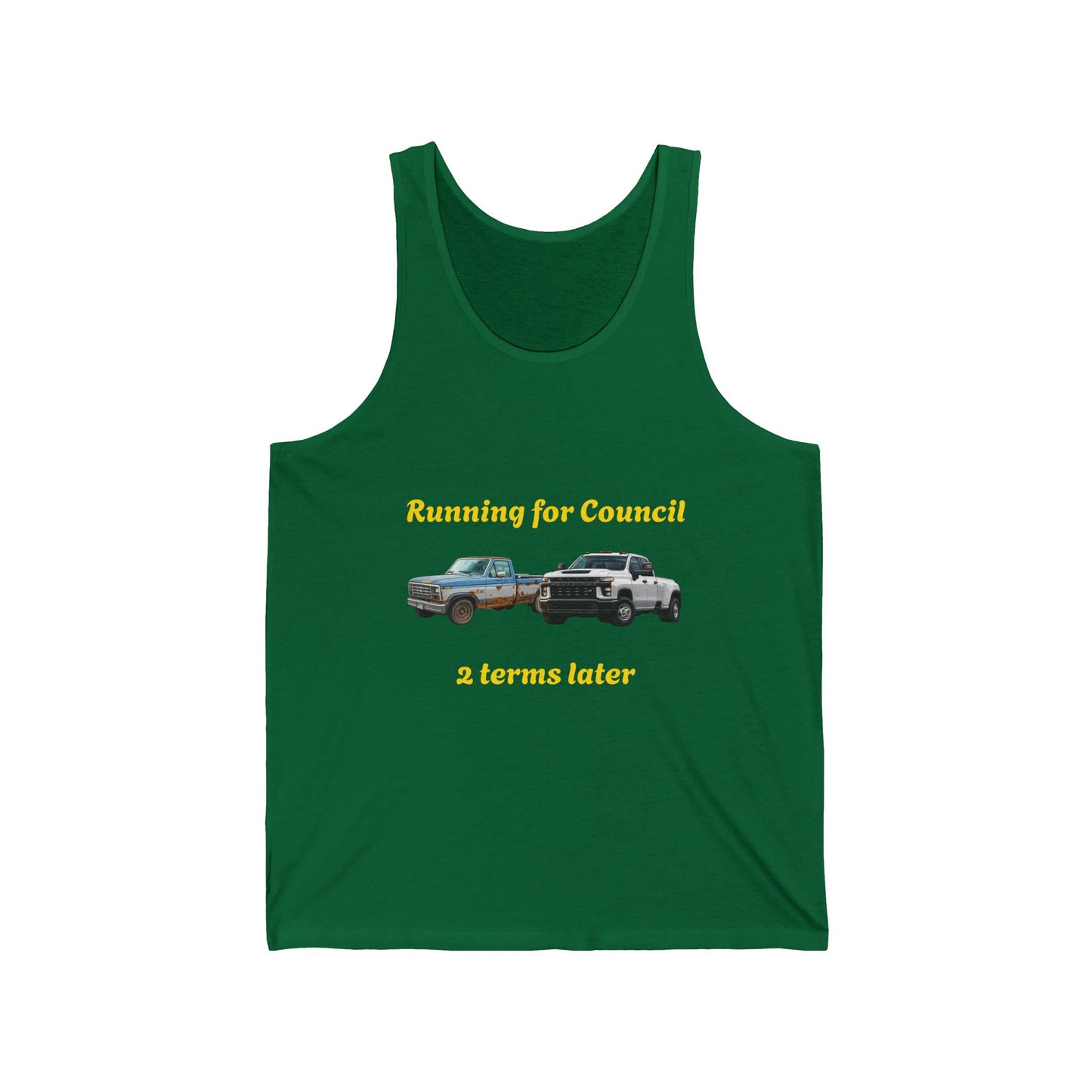 Campaign Tank Top – "Running for Council 2 Terms Later" Political Car Graphic