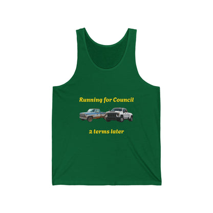 Campaign Tank Top – "Running for Council 2 Terms Later" Political Car Graphic