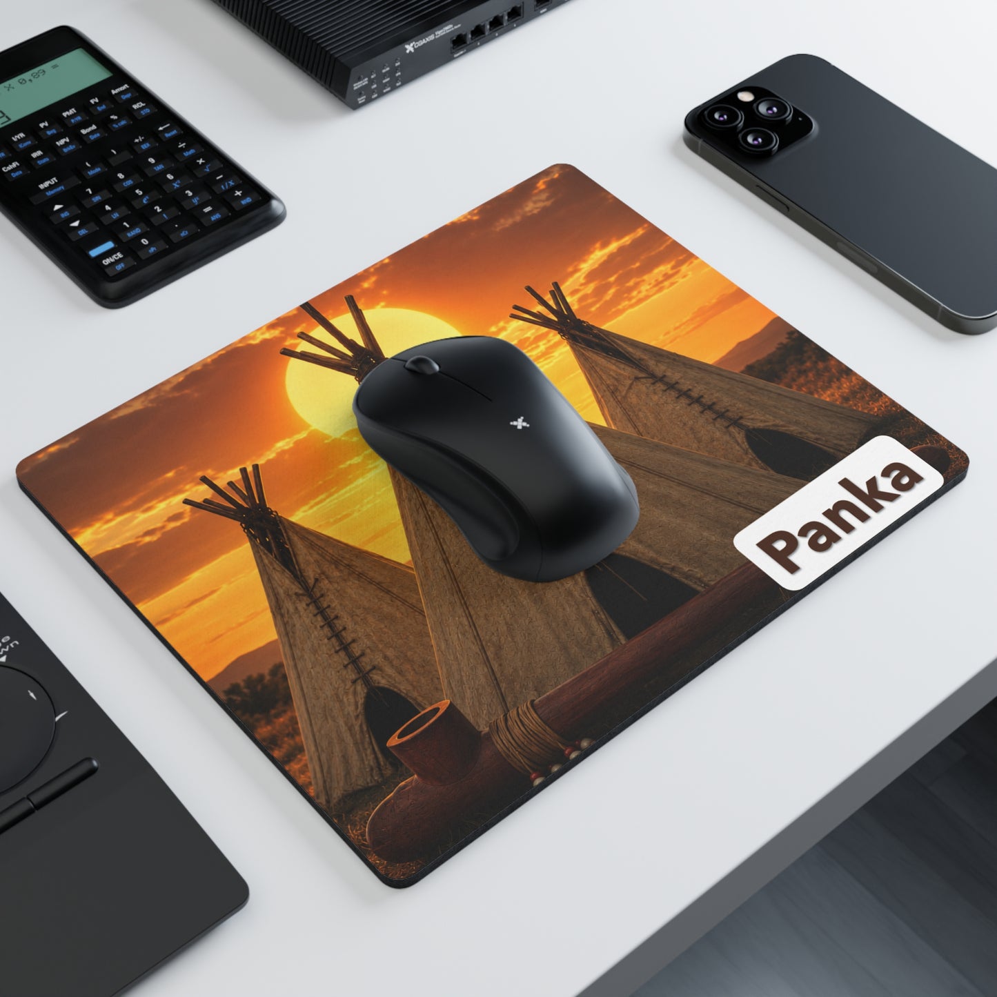 Ponca Teepee Sunset Mouse Pad — Rustic Native-Inspired Desk Mat with 'Panka' Accent