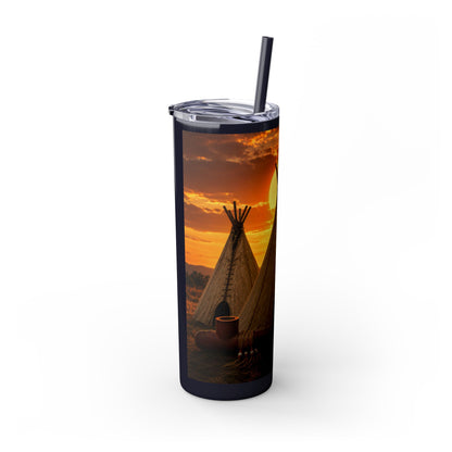Ponca Sunset Teepee Skinny Tumbler — 20oz Insulated Straw Cup