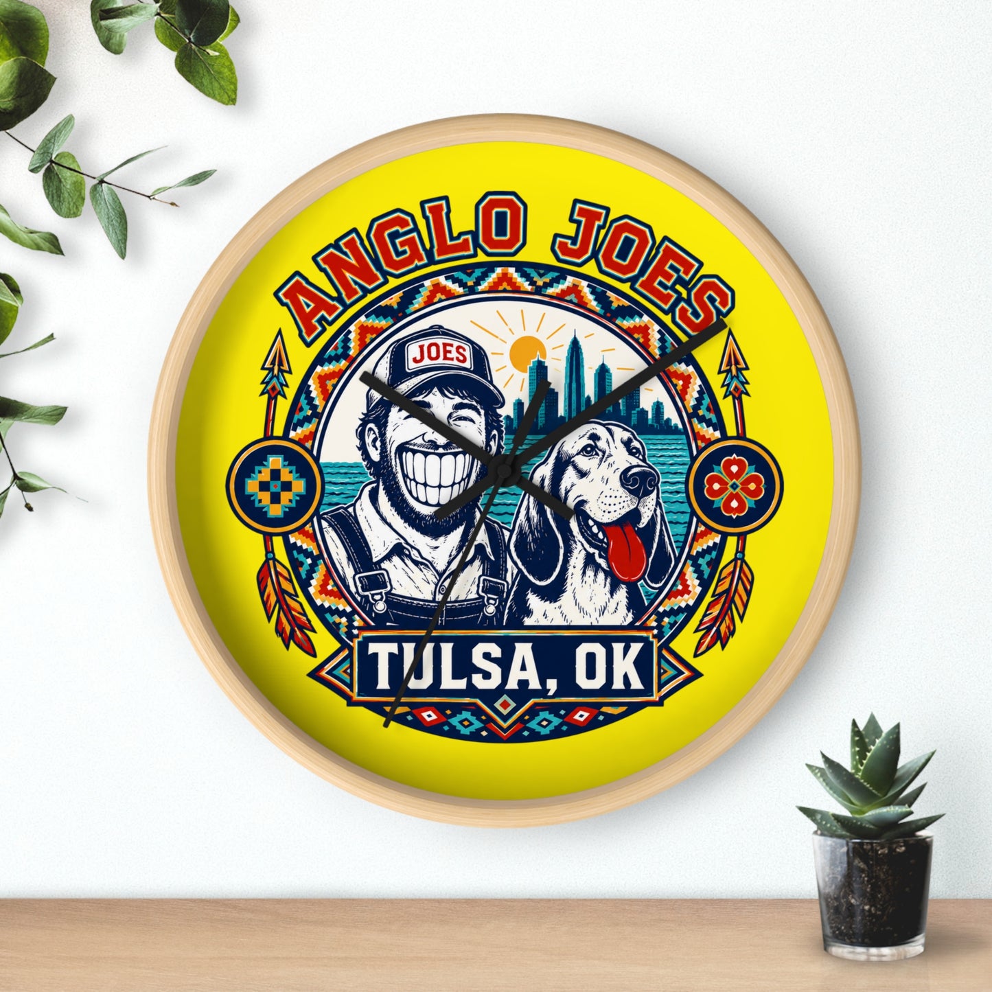 Anglo Joes Tulsa OK Decorative Wall Clock — Retro Cityscape Dog Logo