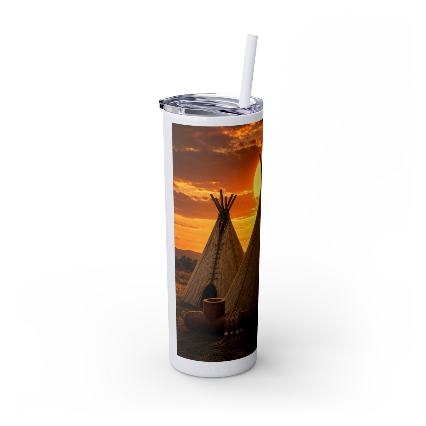 Ponca Sunset Teepee Skinny Tumbler — 20oz Insulated Straw Cup