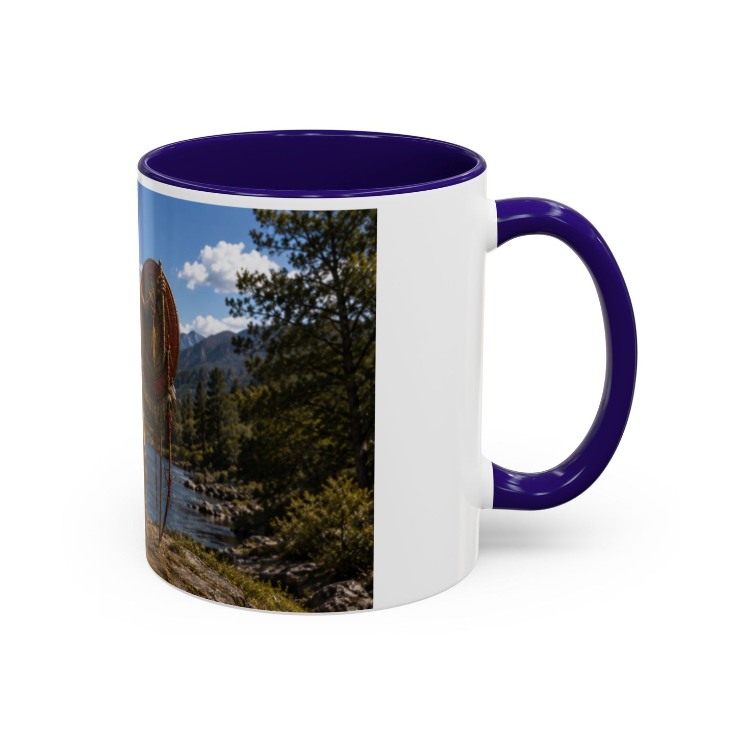 Chickasaw Warrior Statue Scenic Mug — Mythic Landscape Coffee Cup (11oz/15oz)