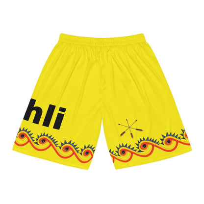 Wind Choctaw Basketball Shorts — Bright Yellow Tribal Lacrosse Graphic AOP