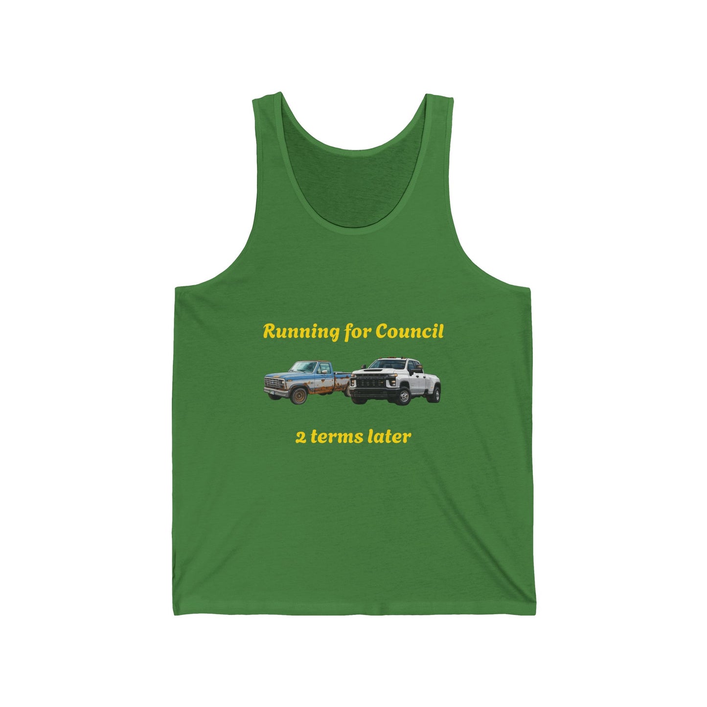 Campaign Tank Top – "Running for Council 2 Terms Later" Political Car Graphic