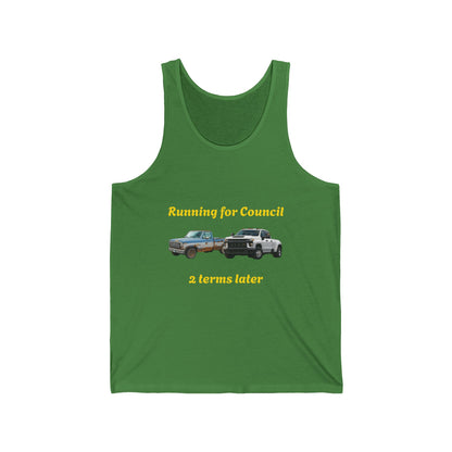 Campaign Tank Top – "Running for Council 2 Terms Later" Political Car Graphic