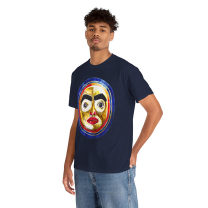 Moon Mask Art Tee — Colorful Surreal Face Graphic T-Shirt
