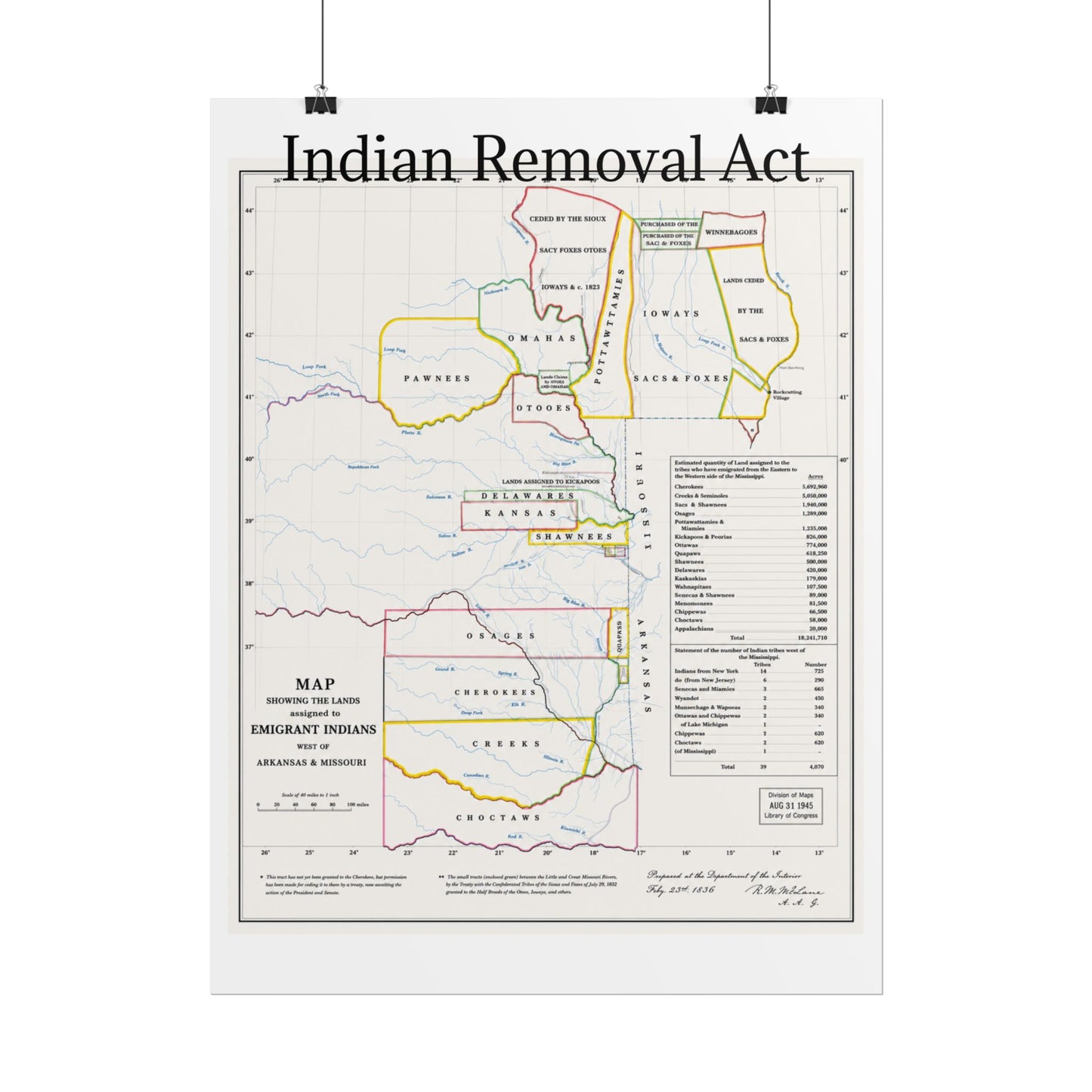Indian Removal Act Historical Map Poster — Rolled Vintage Map Wall Art