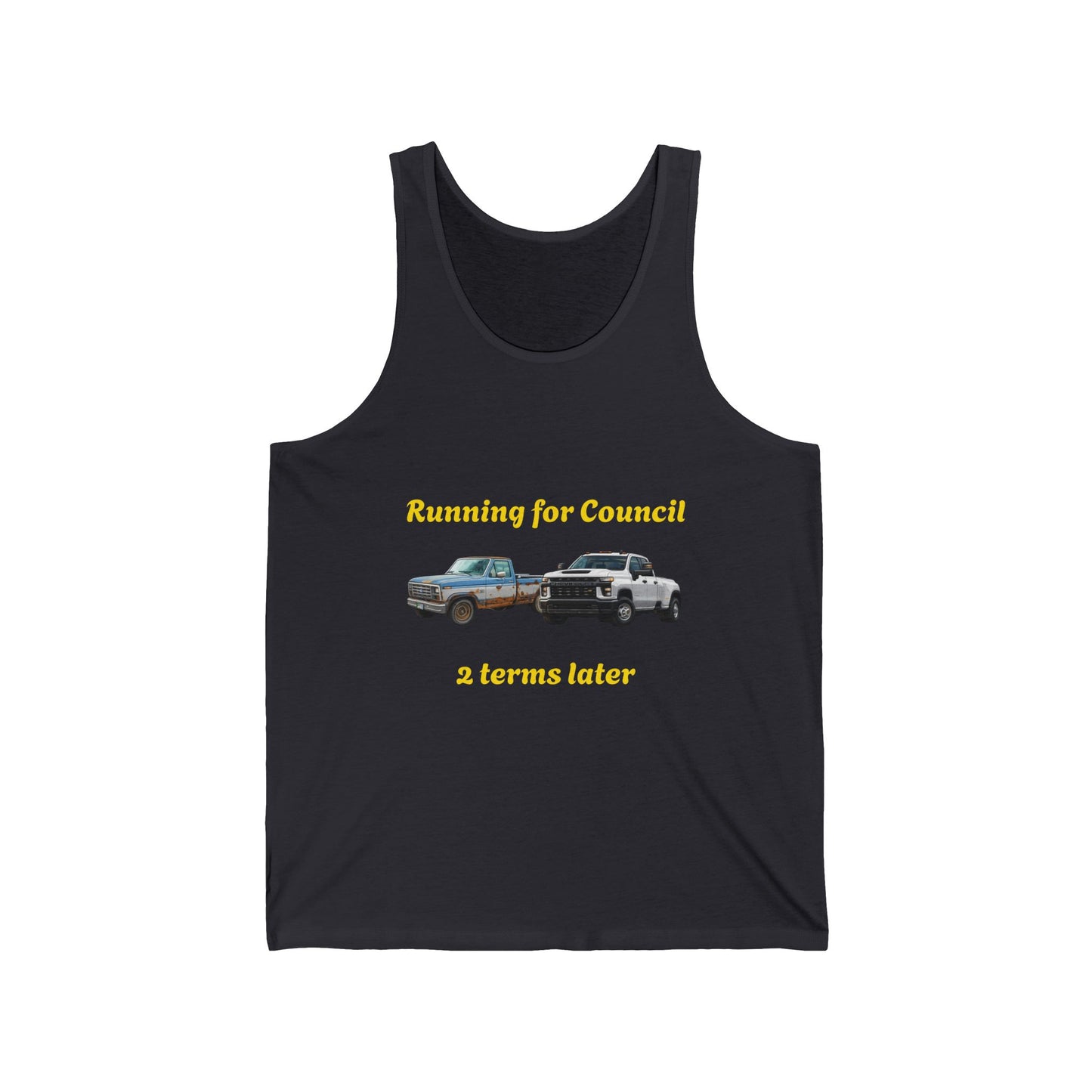 Campaign Tank Top – "Running for Council 2 Terms Later" Political Car Graphic