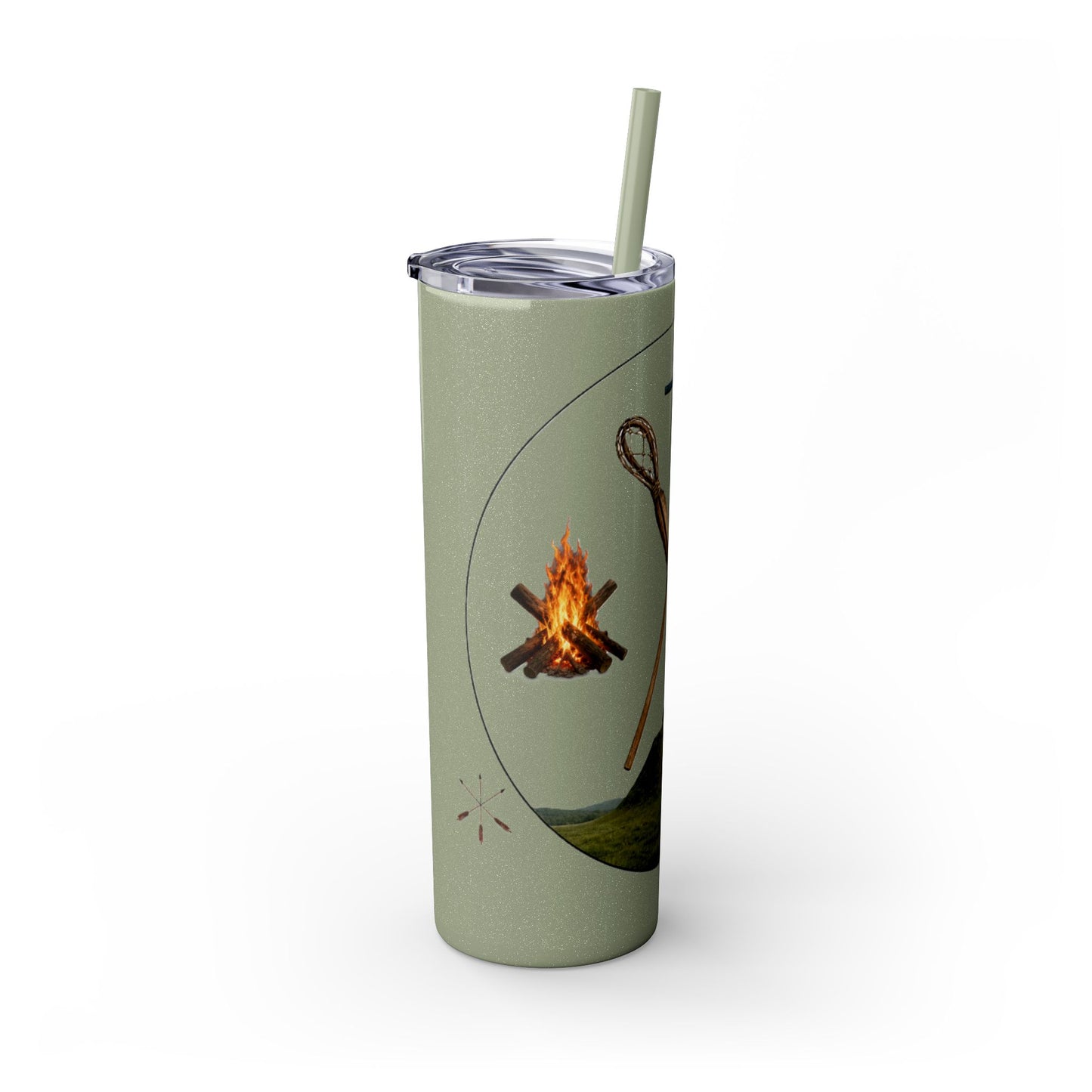 Kialegee 20oz Skinny Tumbler — Faith & Outdoor Lacrosse Design with Cross, Sticks, Campfire