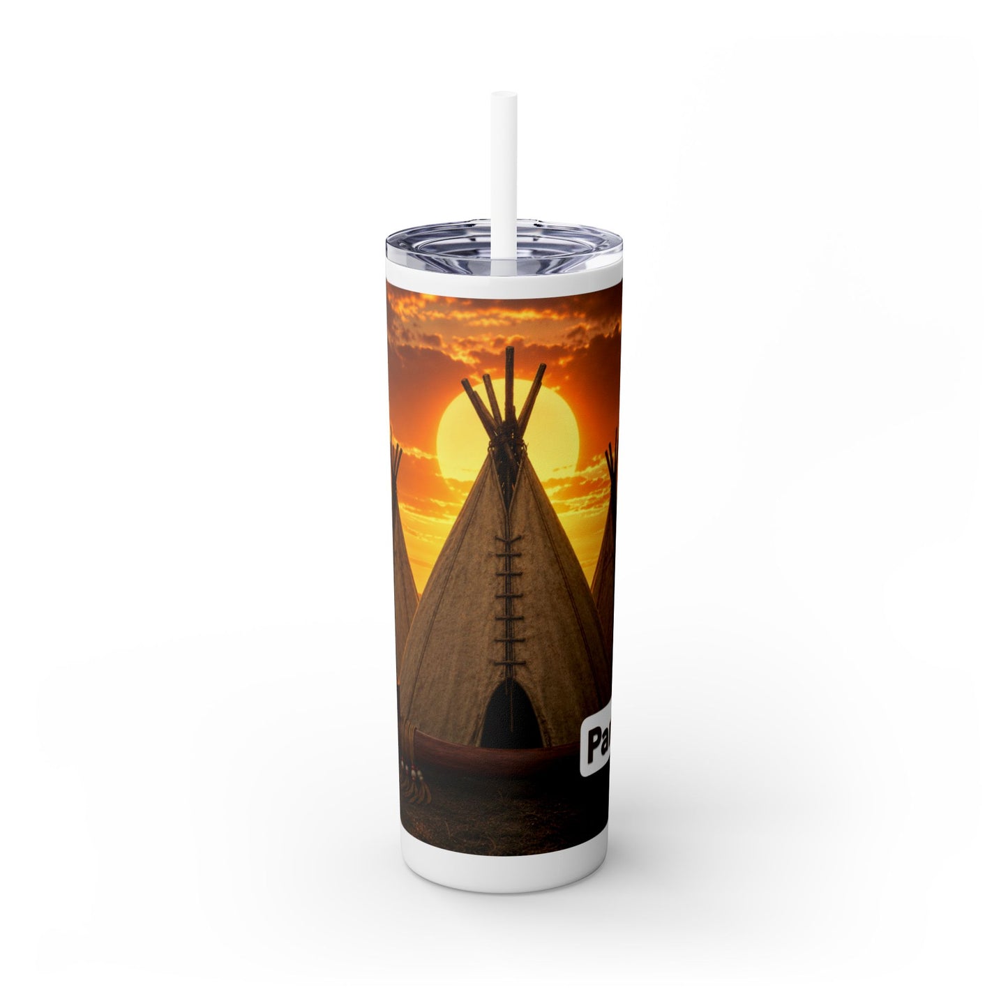 Ponca Sunset Teepee Skinny Tumbler — 20oz Insulated Straw Cup