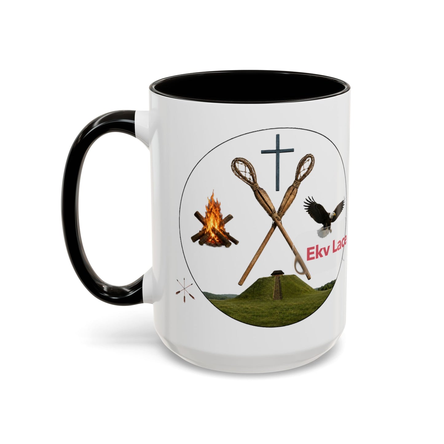 Kialegee Adventure Mug — 'Ekv Lace' Cross, Eagle & Campfire Ceramic Coffee Cup (11oz/15oz)