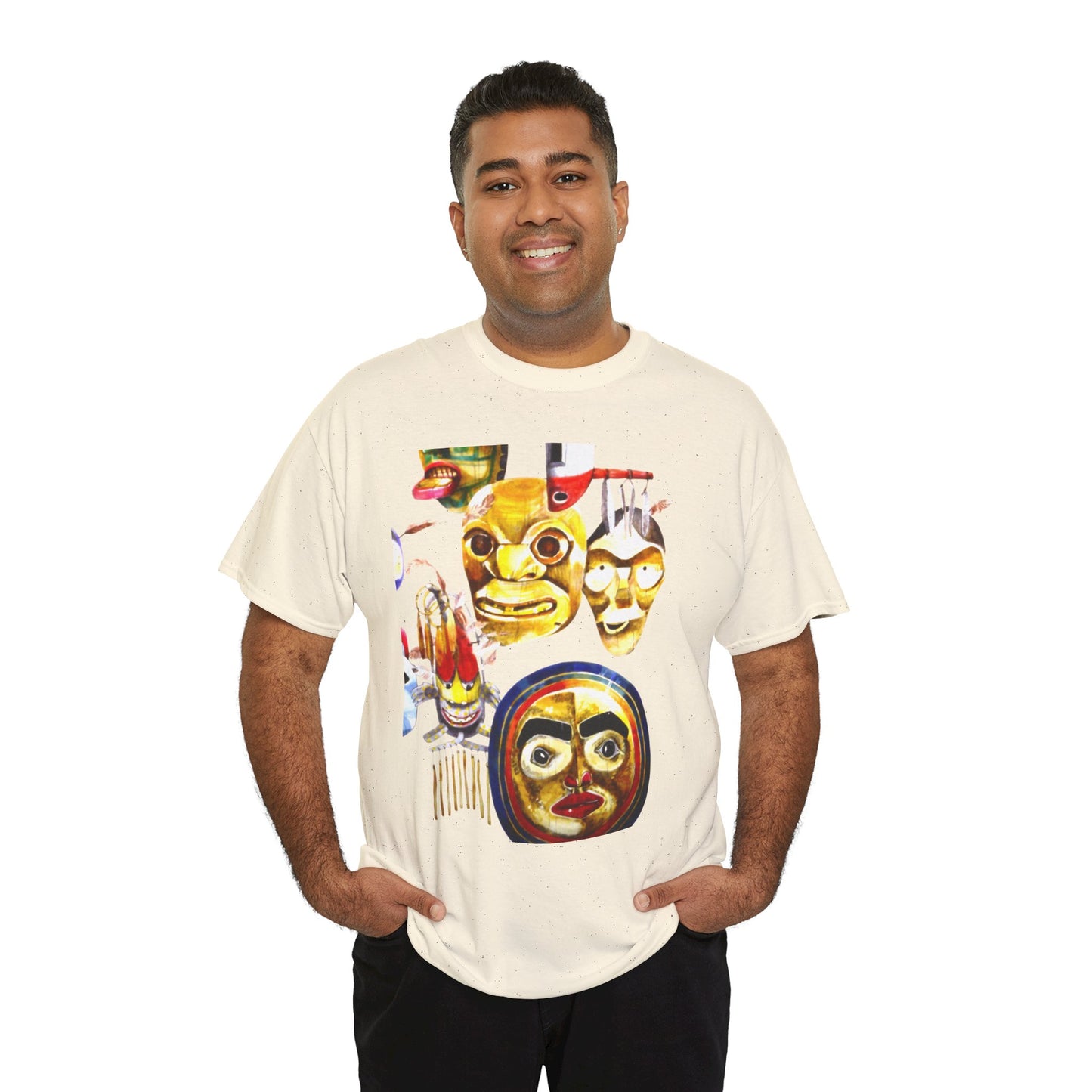 Mask Print Tee — Tribal Mask Artwork T‑Shirt with Arrow Backprint