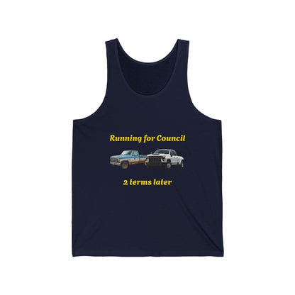 Campaign Tank Top – "Running for Council 2 Terms Later" Political Car Graphic