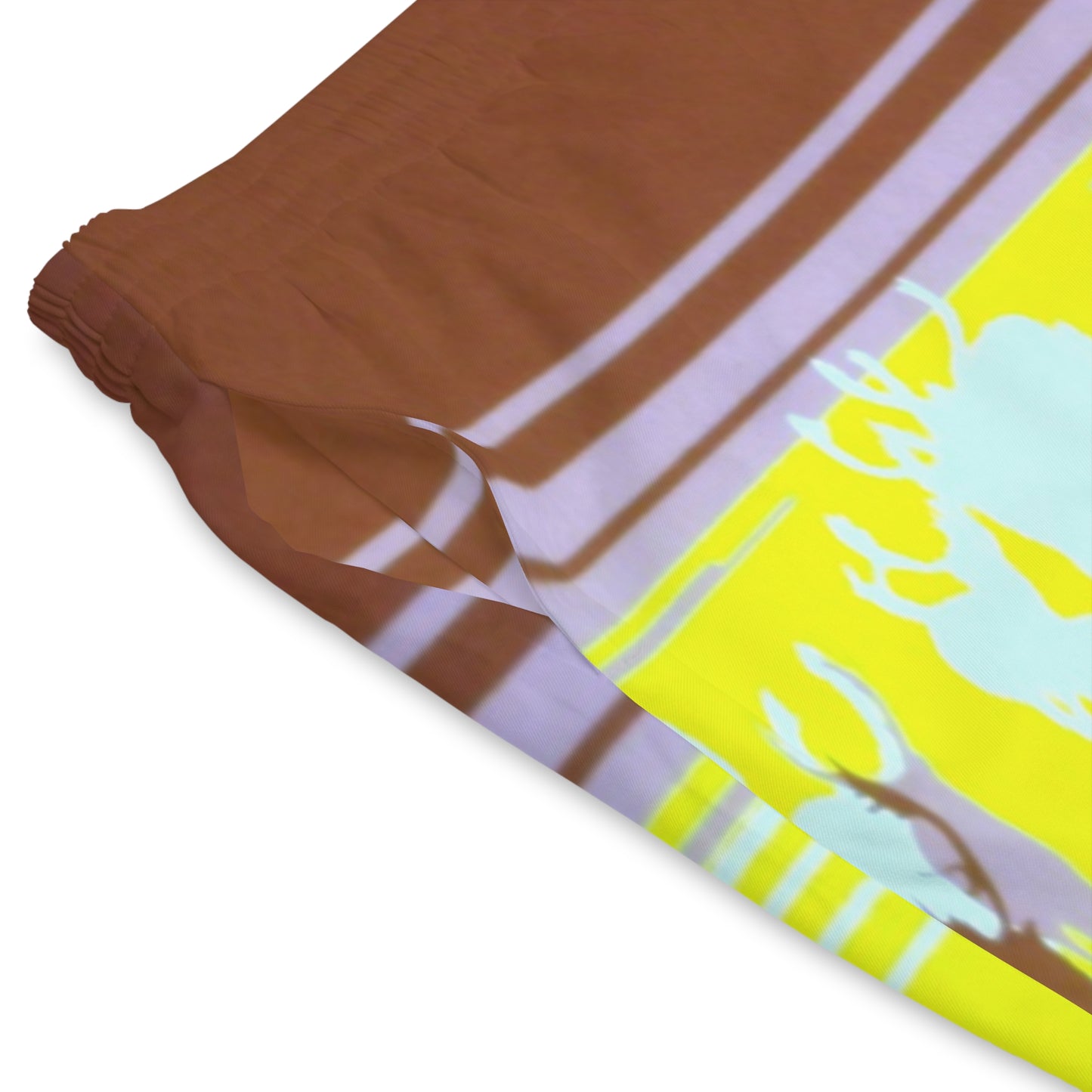 Caribou Stripe Beach Shorts — Retro Yellow & Brown All-Over Print