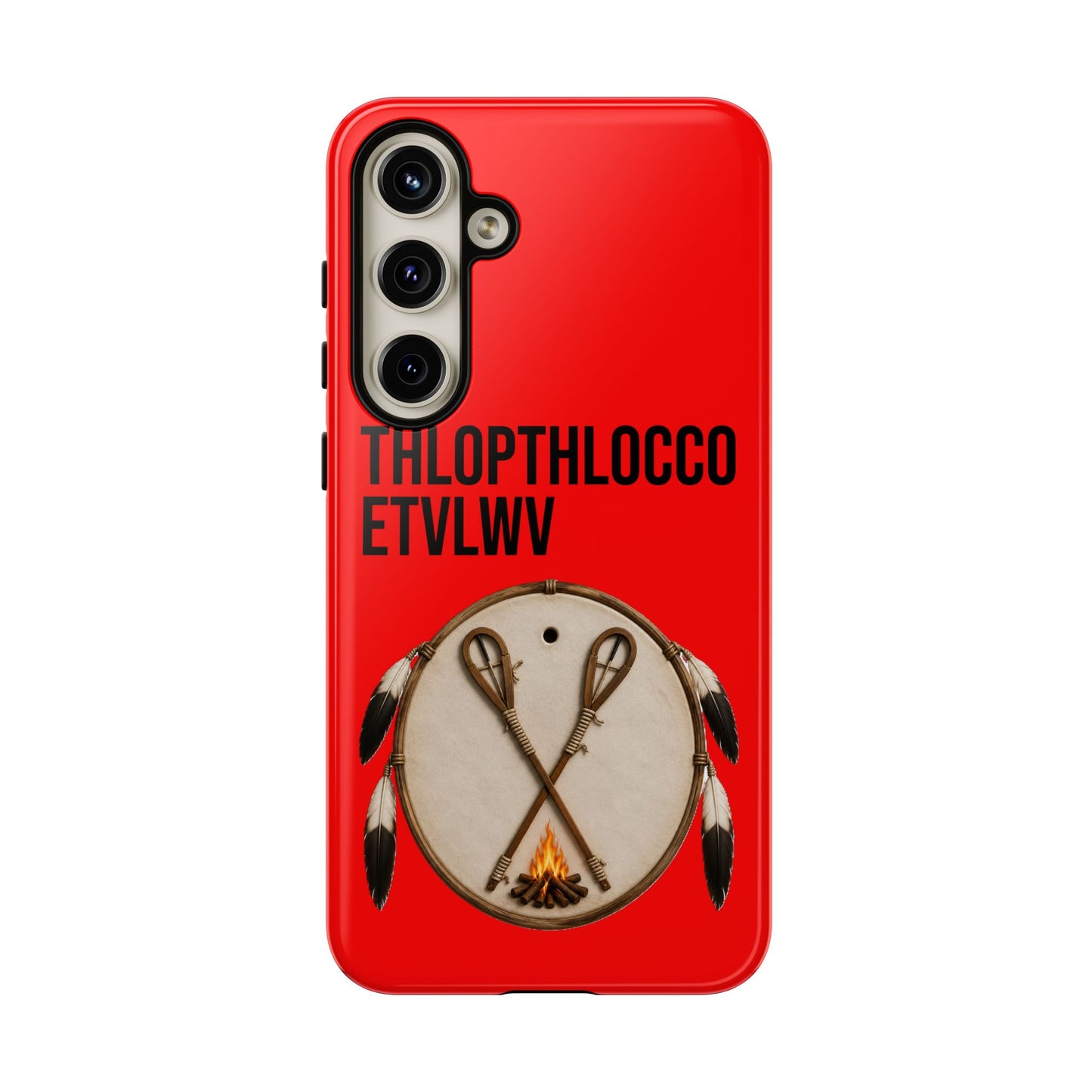 Thlopthlocco Protective Phone Case — Red Drum & Feathers Design with Text "THLOPTHLOCCO ETVLWV"
