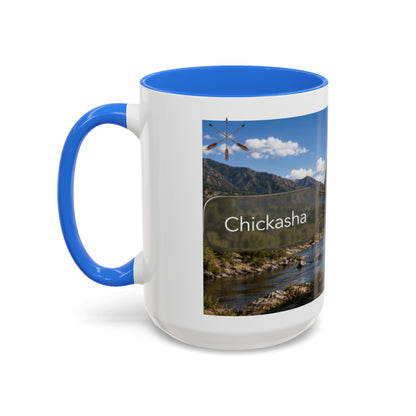 Chickasaw Warrior Statue Scenic Mug — Mythic Landscape Coffee Cup (11oz/15oz)