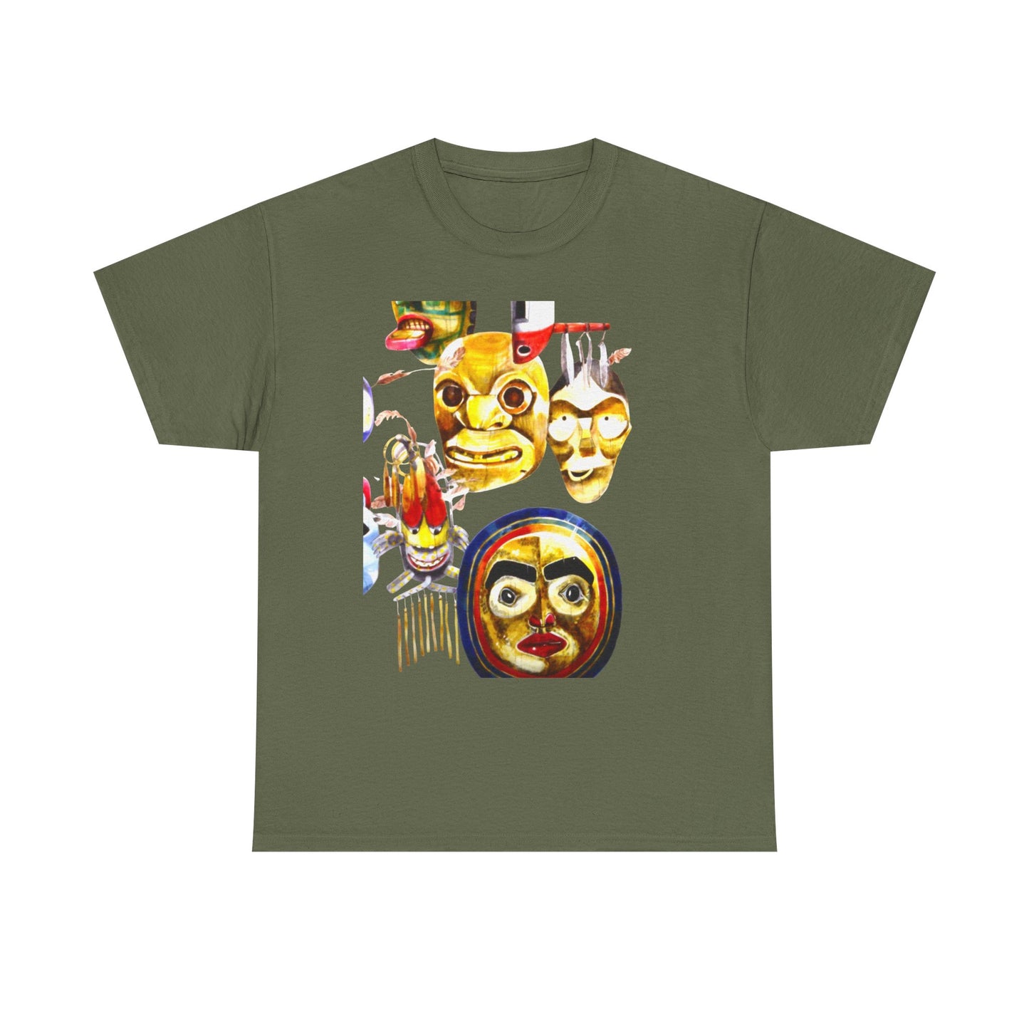 Mask Print Tee — Tribal Mask Artwork T‑Shirt with Arrow Backprint