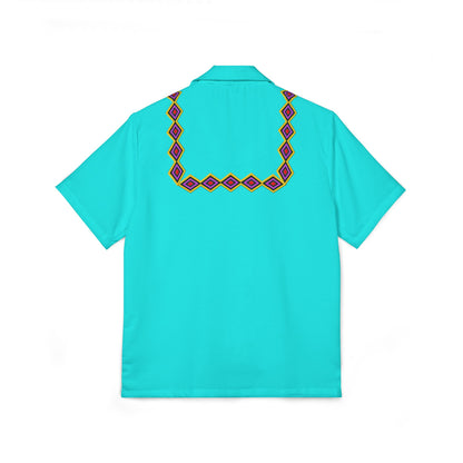 Men's Turquoise Hawaiian Camp Shirt with Geometric Embroidery Pattern