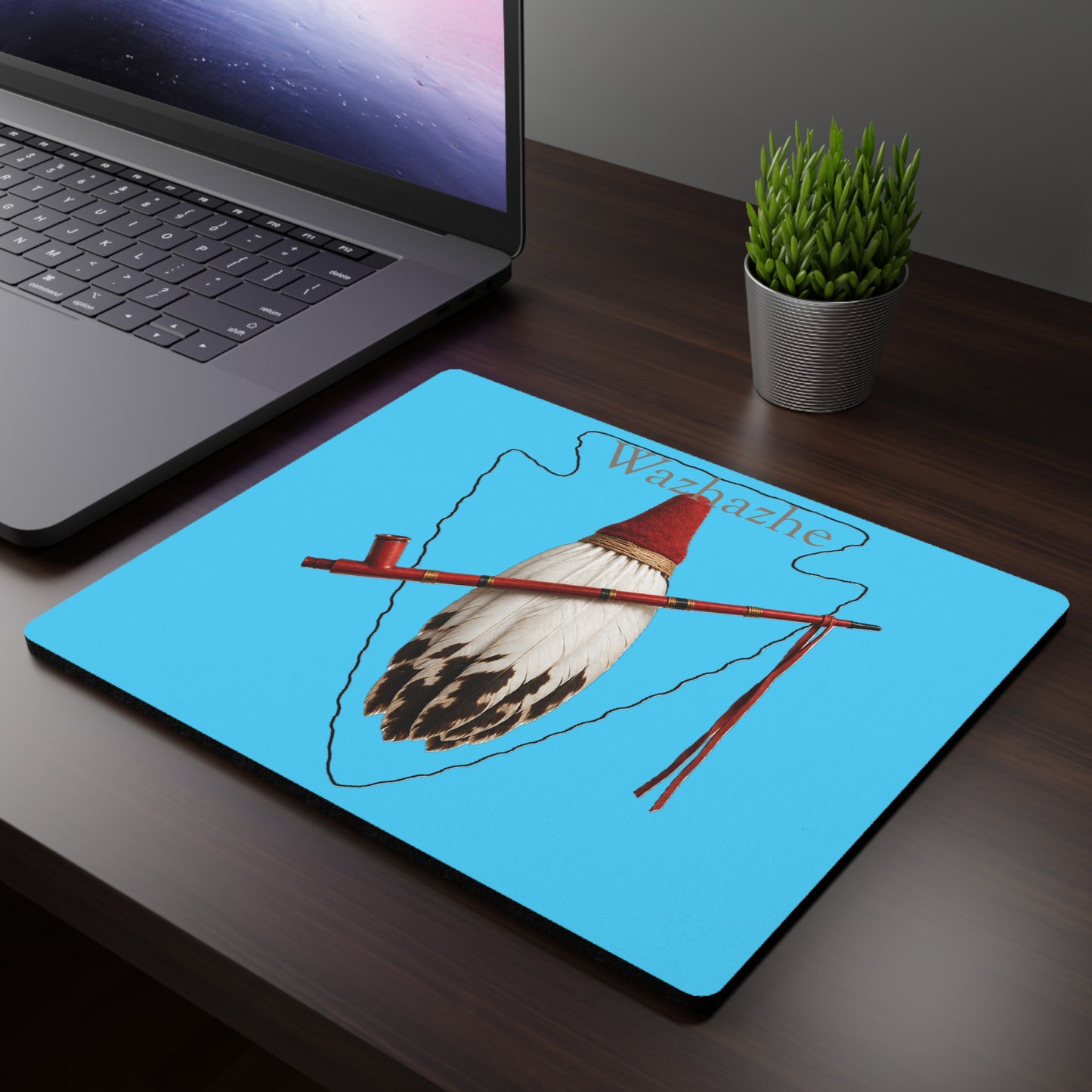 Osage Wazhazhe Feather & Peace Pipe Mouse Pad — Native Heritage Rectangular Desk Mat