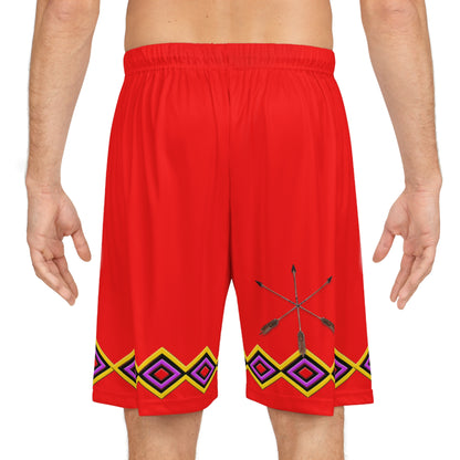 Bear RED Tribal Basketball Shorts — Red AOP Athletic Shorts with Bear & Arrow Motif