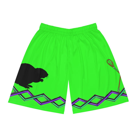 Neon Green Lacrosse Shorts with Beaver & Arrow Pattern — AOP Basketball Shorts