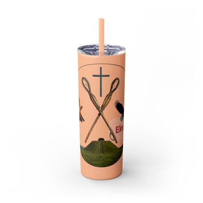 Kialegee 20oz Skinny Tumbler — Faith & Outdoor Lacrosse Design with Cross, Sticks, Campfire