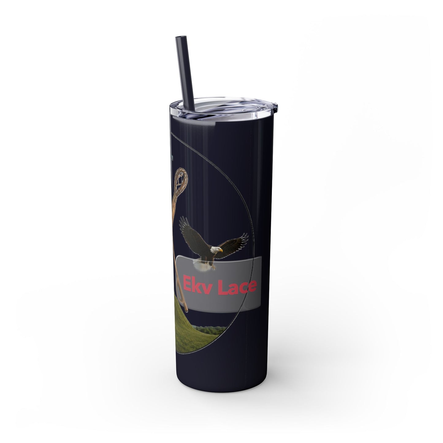 Kialegee 20oz Skinny Tumbler — Faith & Outdoor Lacrosse Design with Cross, Sticks, Campfire