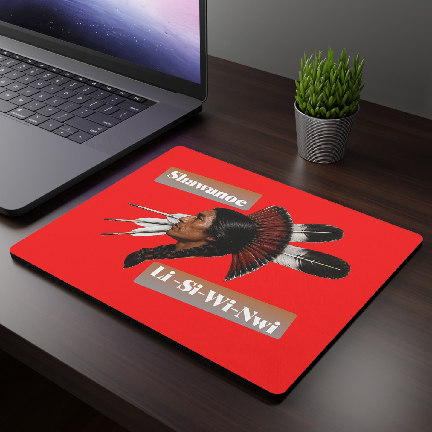 Absentee Shawnee Shawanoe Li-Si-Wi-Nwi Native Headdress Rectangular Mouse Pad — Red Tribal Desk Mat