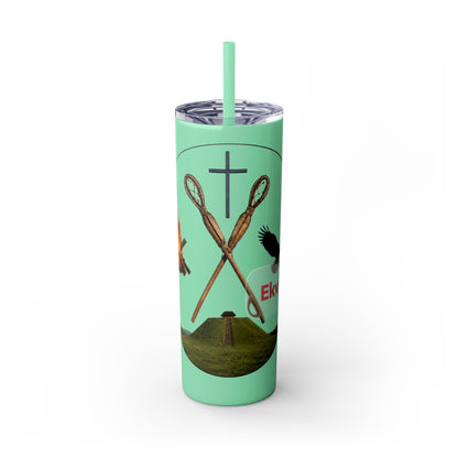 Kialegee 20oz Skinny Tumbler — Faith & Outdoor Lacrosse Design with Cross, Sticks, Campfire