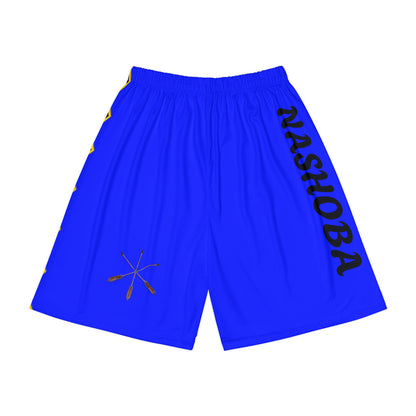 Blue Wolf Choctaw Graphic Sports Shorts — Red Tribal Print "NASHOBA" Athletic Shorts
