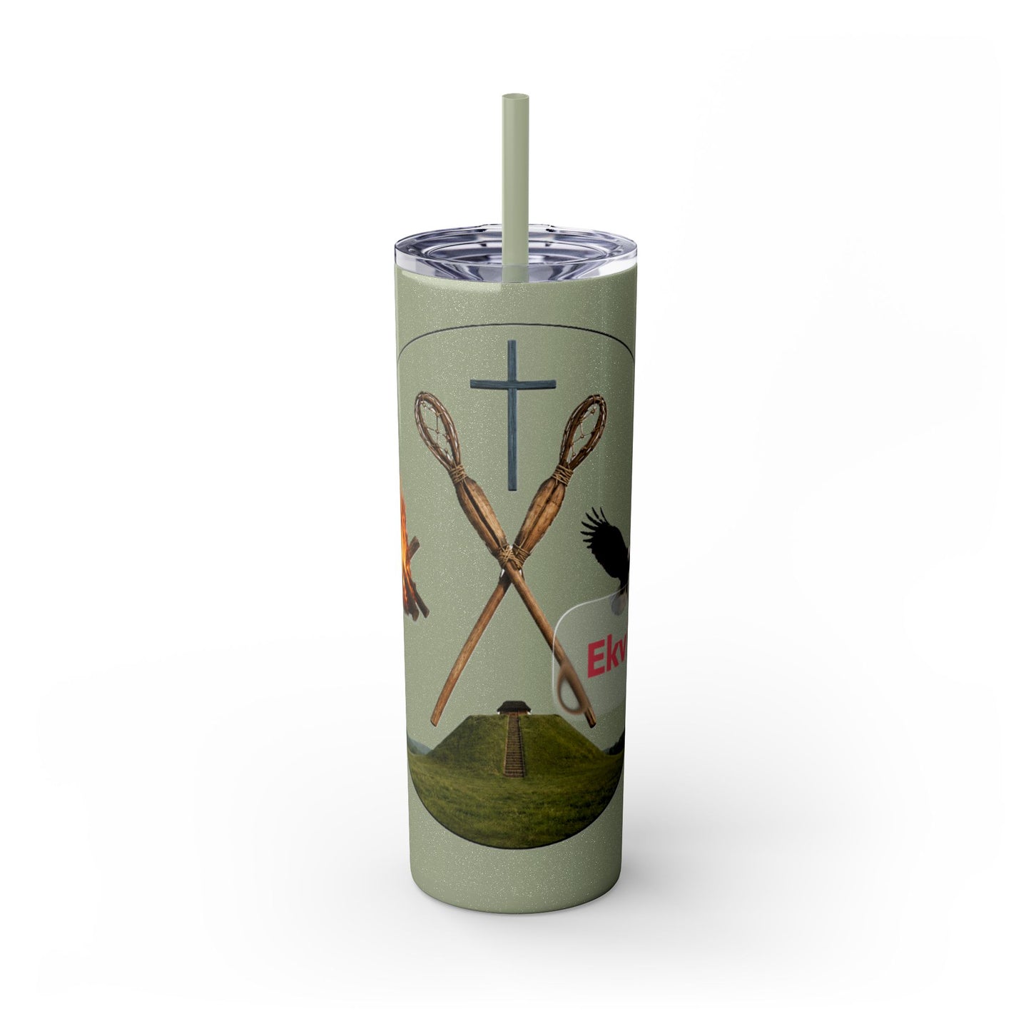 Kialegee 20oz Skinny Tumbler — Faith & Outdoor Lacrosse Design with Cross, Sticks, Campfire