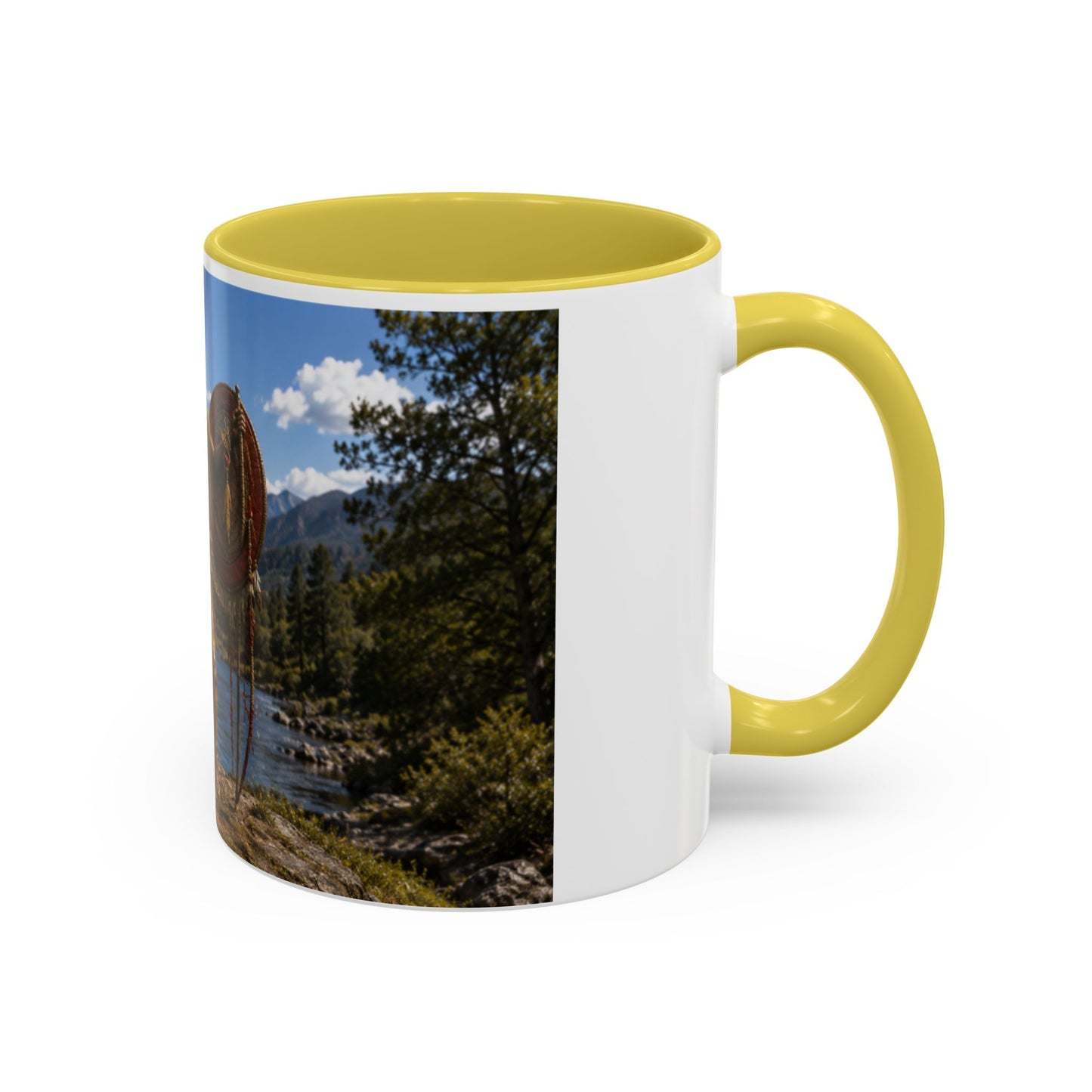 Chickasaw Warrior Statue Scenic Mug — Mythic Landscape Coffee Cup (11oz/15oz)