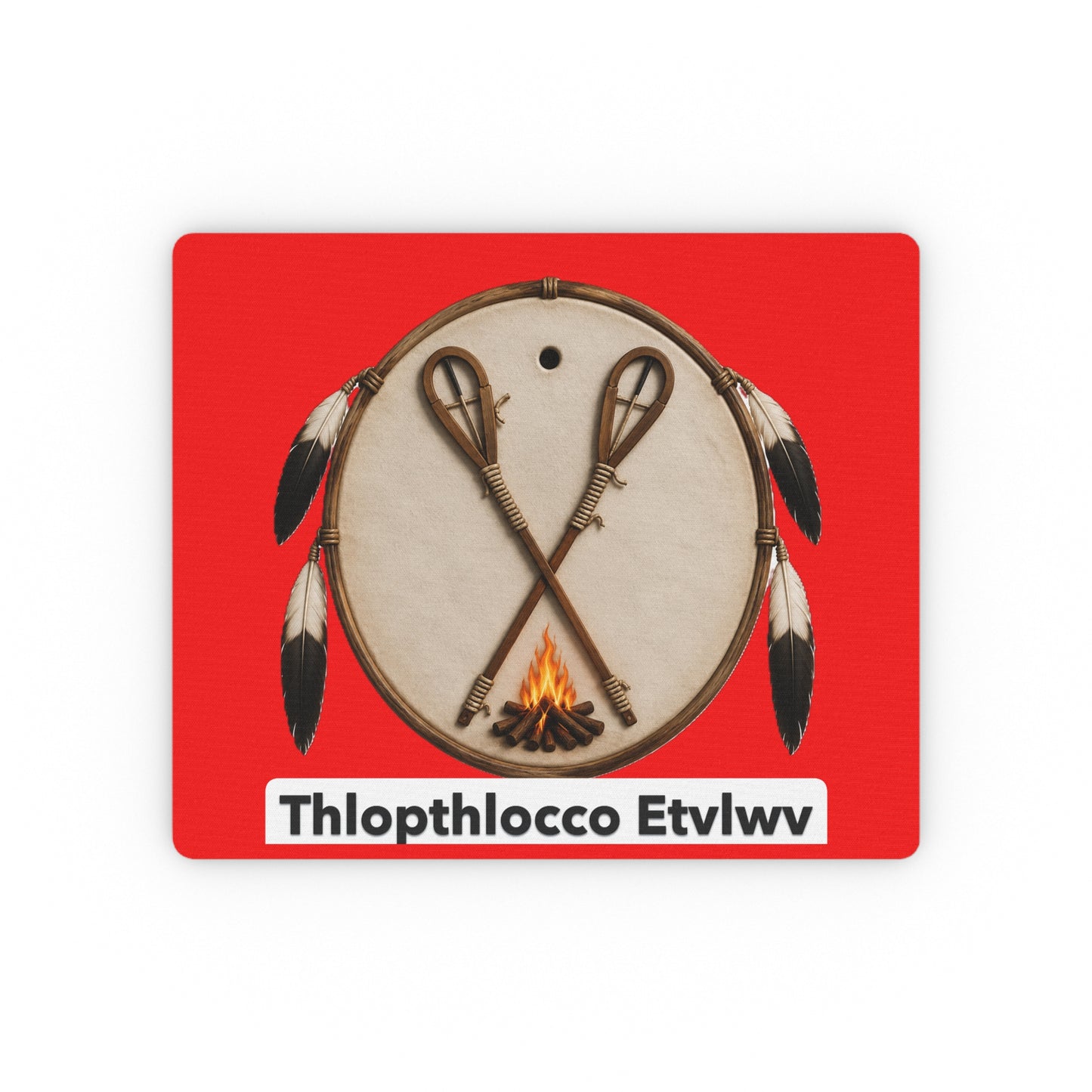 Thlopthlocco Drum & Feathers Rectangular Mouse Pad — Red Native-Inspired Design