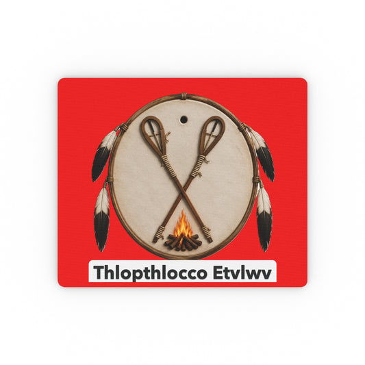 Thlopthlocco Drum & Feathers Rectangular Mouse Pad — Red Native-Inspired Design