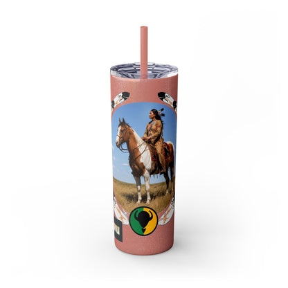 Kiowa Native Warrior on Horse 20oz Skinny Tumbler — Indigenous Heritage Travel Cup with Straw