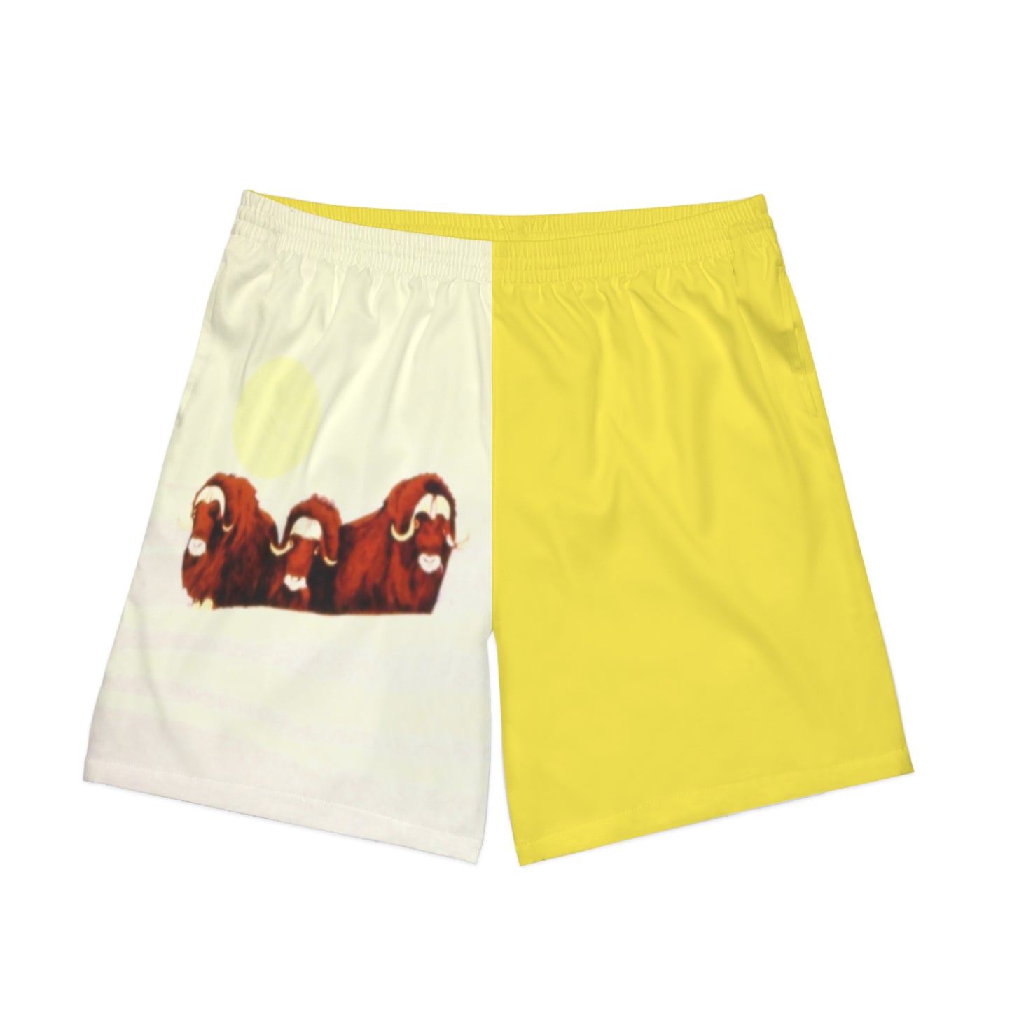 Muskox Men's Beach Shorts — Yellow Canoe Paddle & Otter Graphic Elastic Swim Trunks